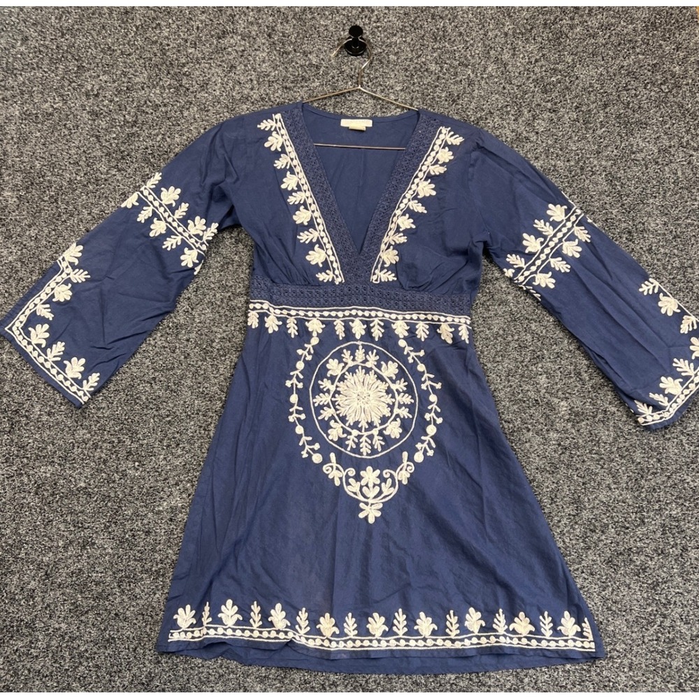 Debbie Katz Dress SM Blue Embroidered V-Neck Boho Mini Beach Coverup Cotton